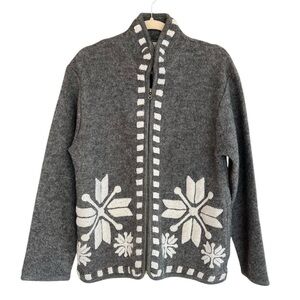 Vintage Laura Leigh Snowflake Boiled Wool Jacket Grey White Large Cozy Winter